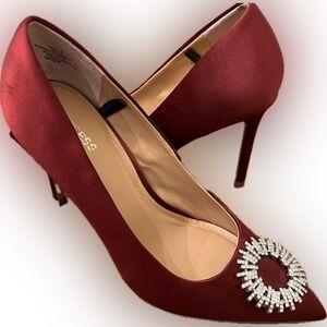 Express Burgundy Satin Heels | Size 9 | Rhinestone Pointed Toe | Excellent